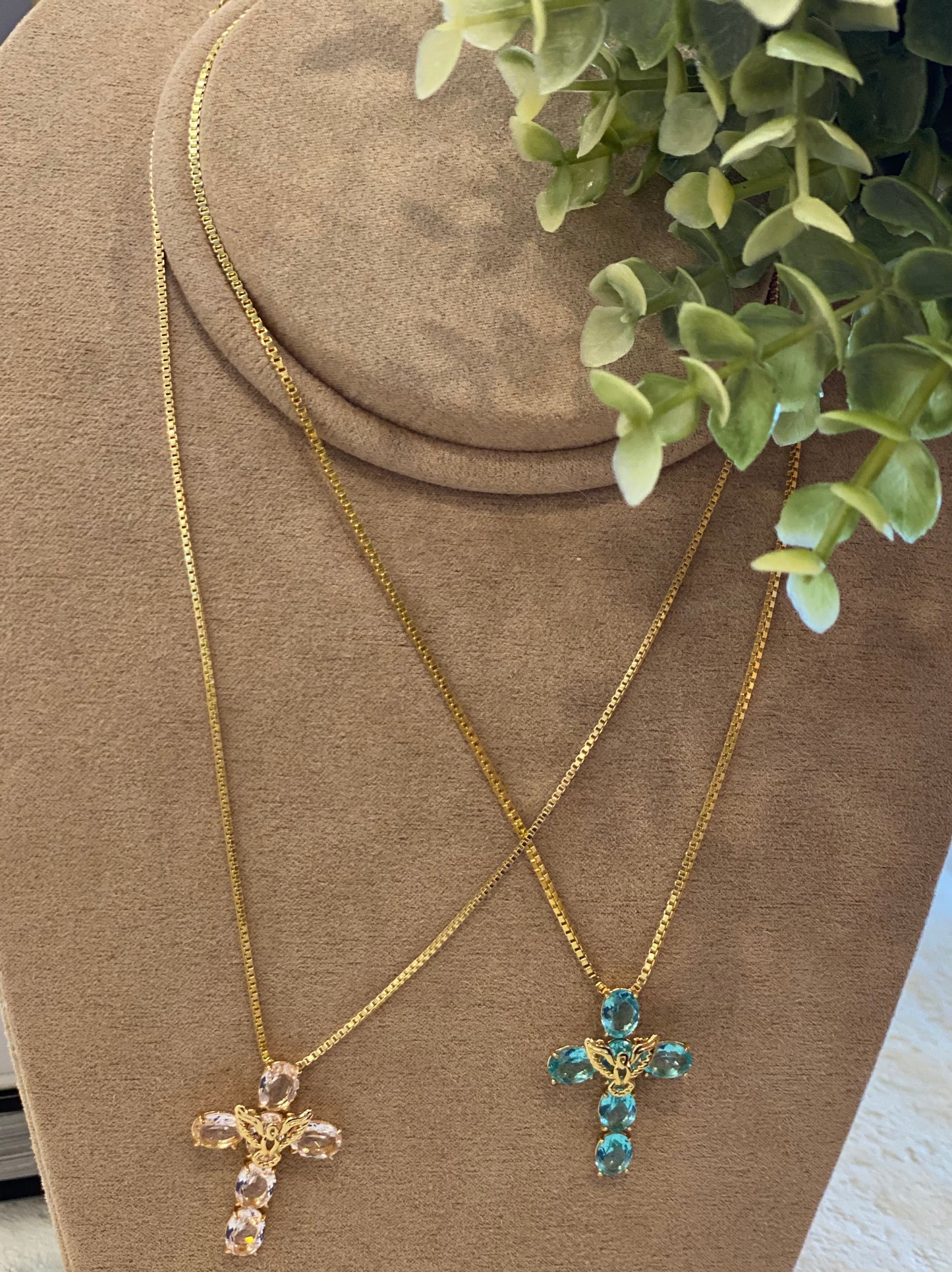 Nuria - Pink Stoned Cross Necklace/Holy Spirit Detail