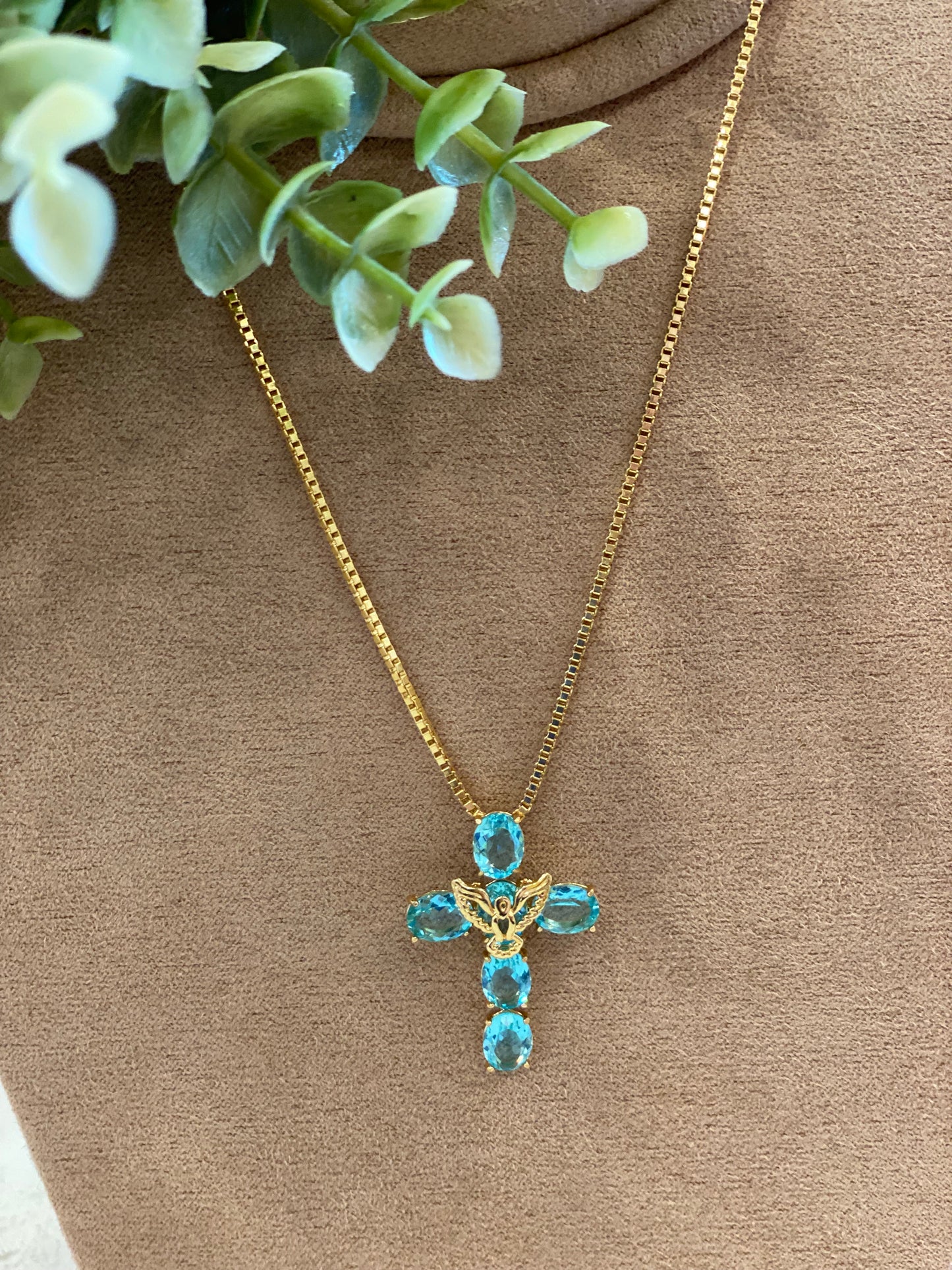 Nuria - Pink Stoned Cross Necklace/Holy Spirit Detail
