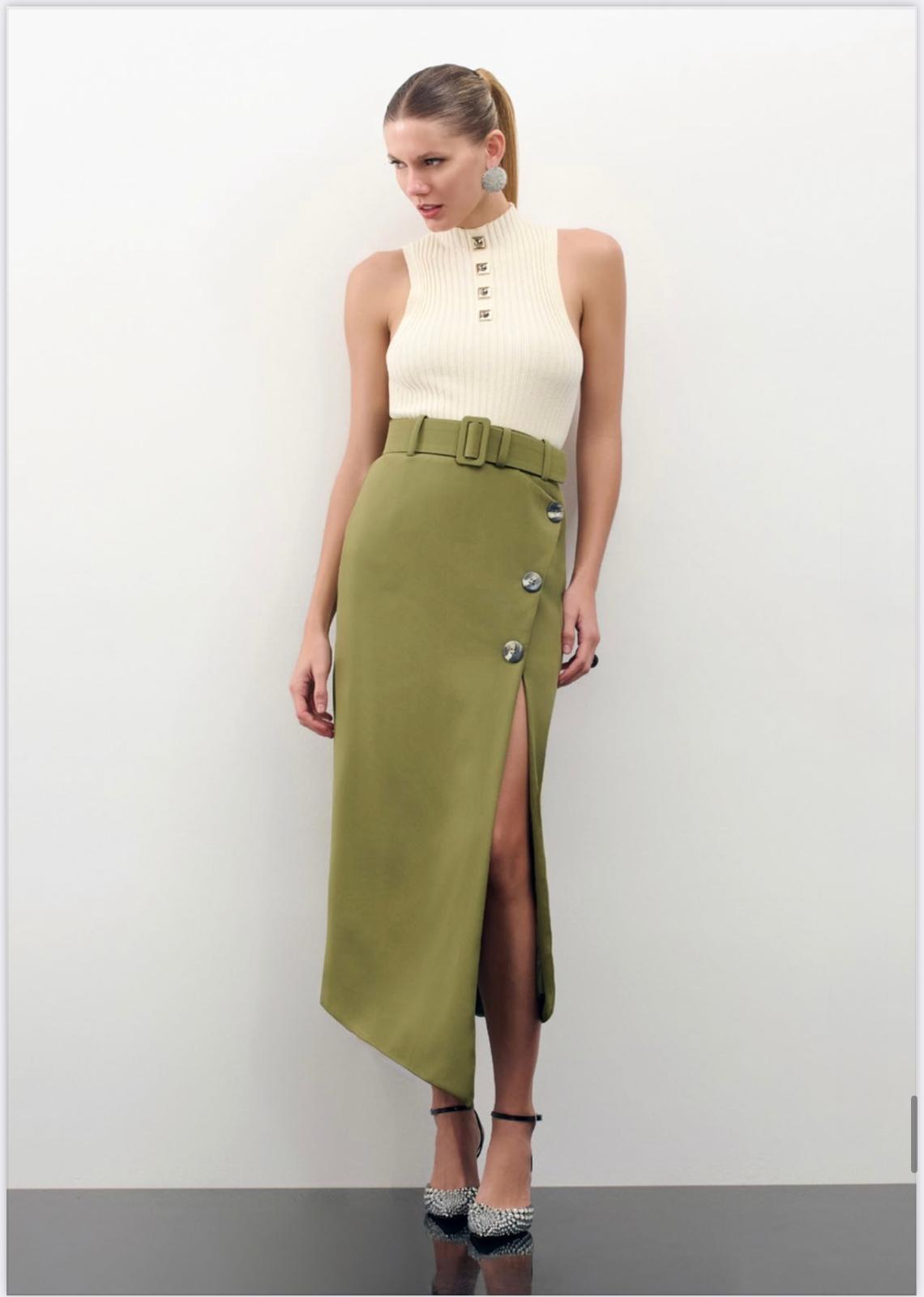 Lore - Asymmetrical Midi Skirt with Tailored Belt