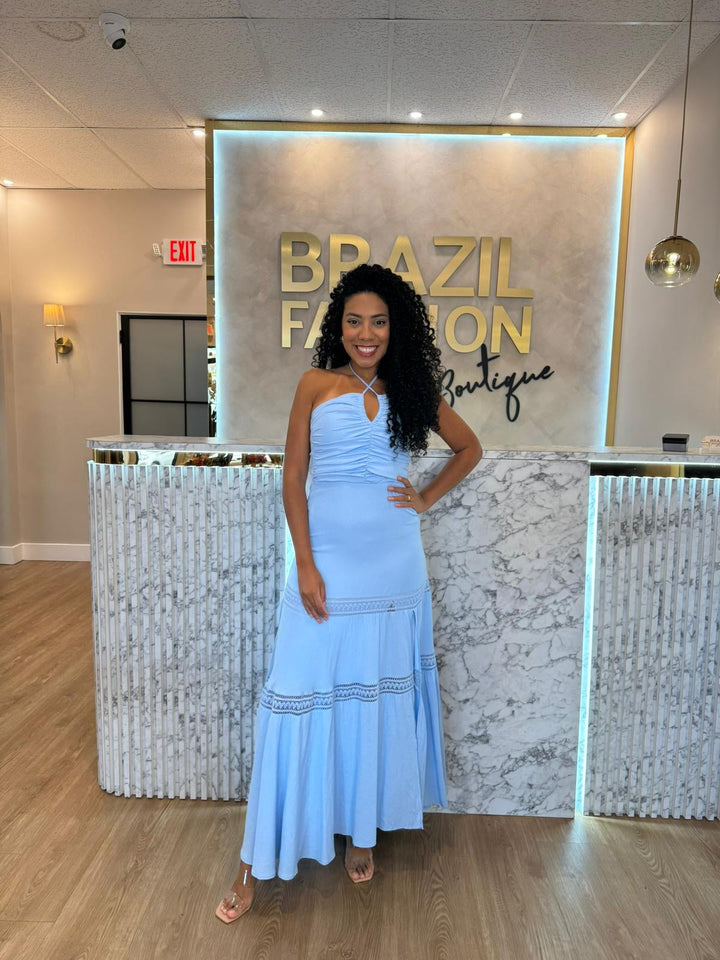 FPM Azul - Vestido Longo Plissado com Busto