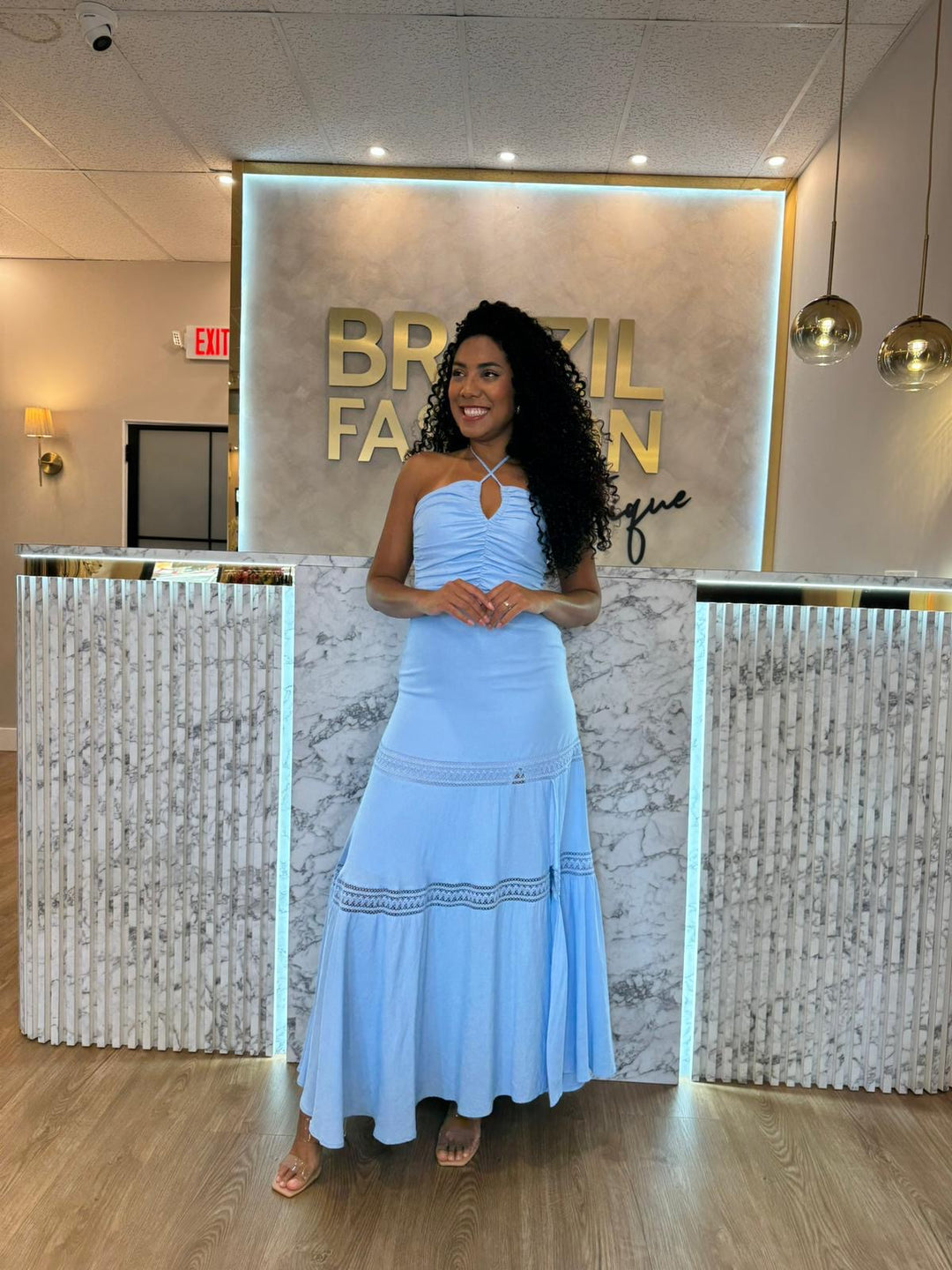 FPM Azul - Vestido Longo Plissado com Busto