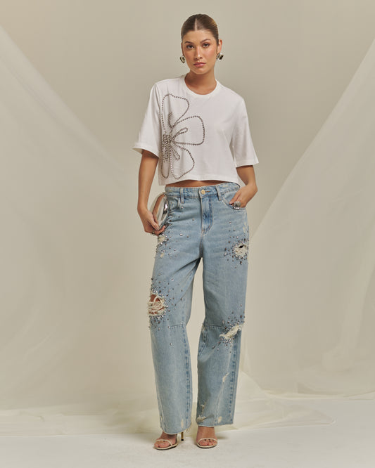 Bfly - Cropped T-Shirt W/Rhinestone Flower