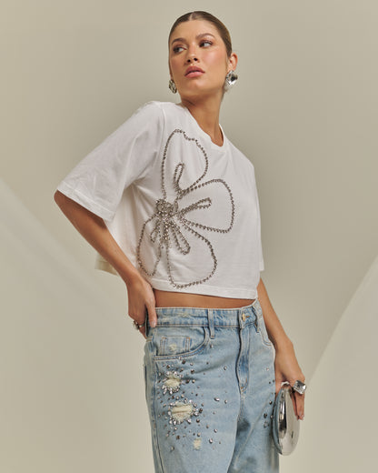 Bfly - Cropped T-Shirt W/Rhinestone Flower