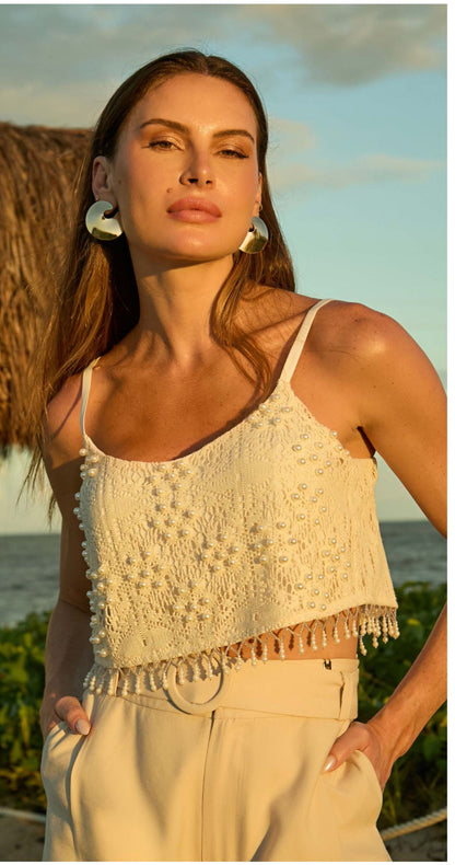 Isa Paes - Embroidered Lace Fringe Crop Top