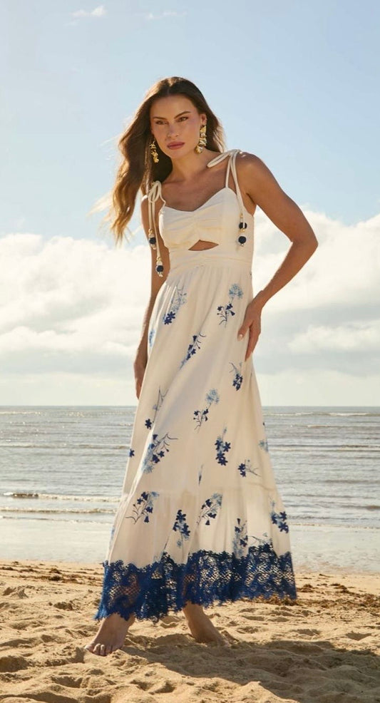 Isa Paes Long Dress w/ Lace Hem and Blue Embroidery