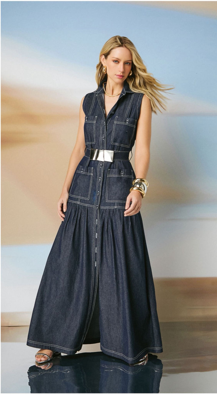 Isa Paes - Vestido Longo Jeans com Bolsos