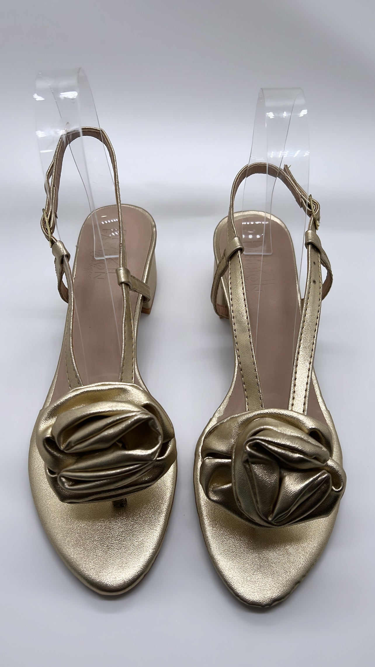 Bfb - Flat Sandals Square Heels w Golden Flower