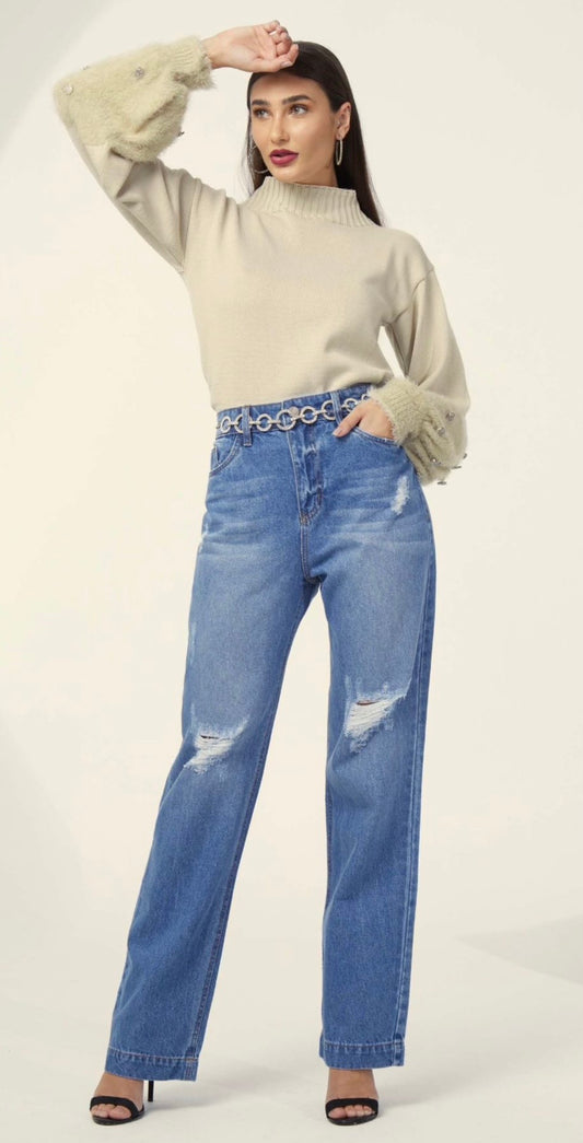 Isa Paes - Pants Jeans Wideleg Stoned