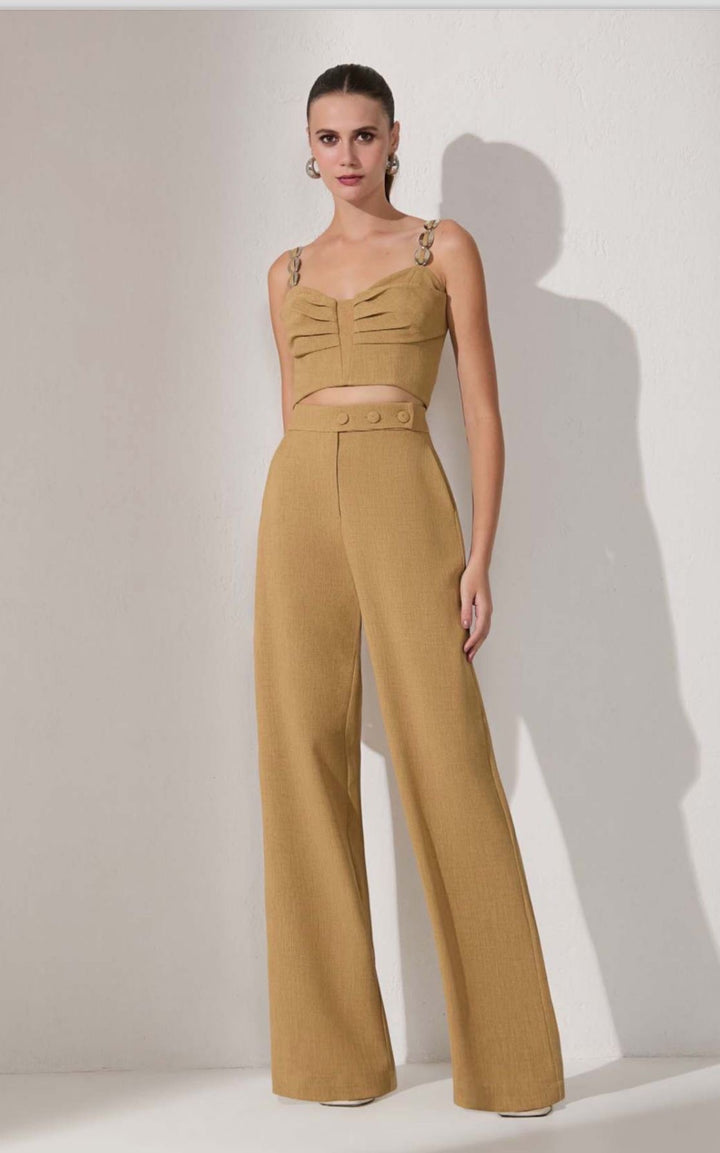 Lore - Conjunto com Blusa Cropped e Calça Pantalona em Linho