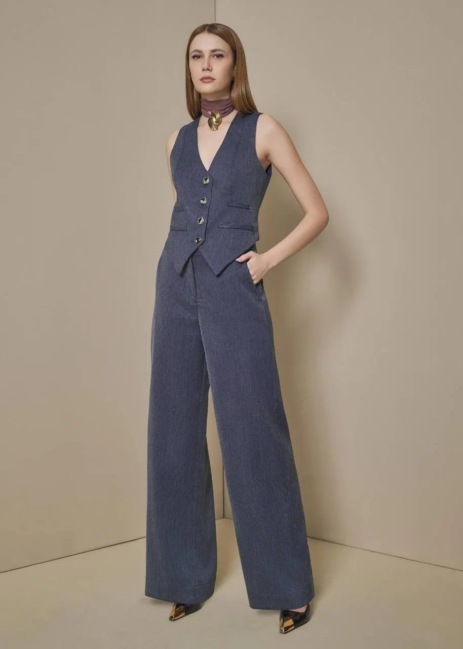 Lore - Conjunto Calça Pantalona/Colete Listrado Duplo