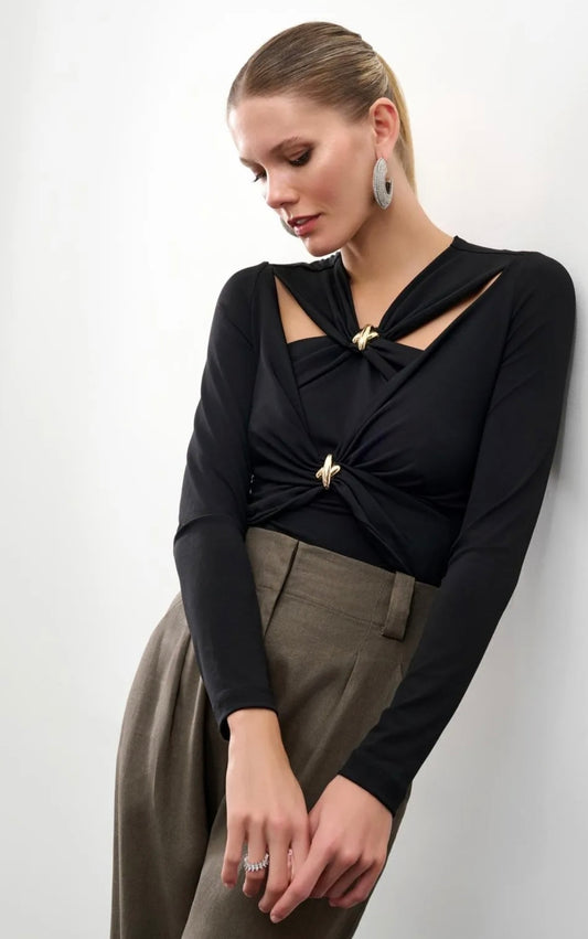 Lore - Metal Jersey Cross Front Blouse