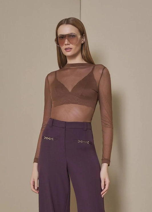 Lore - brown Long Sleeve Tulle Top