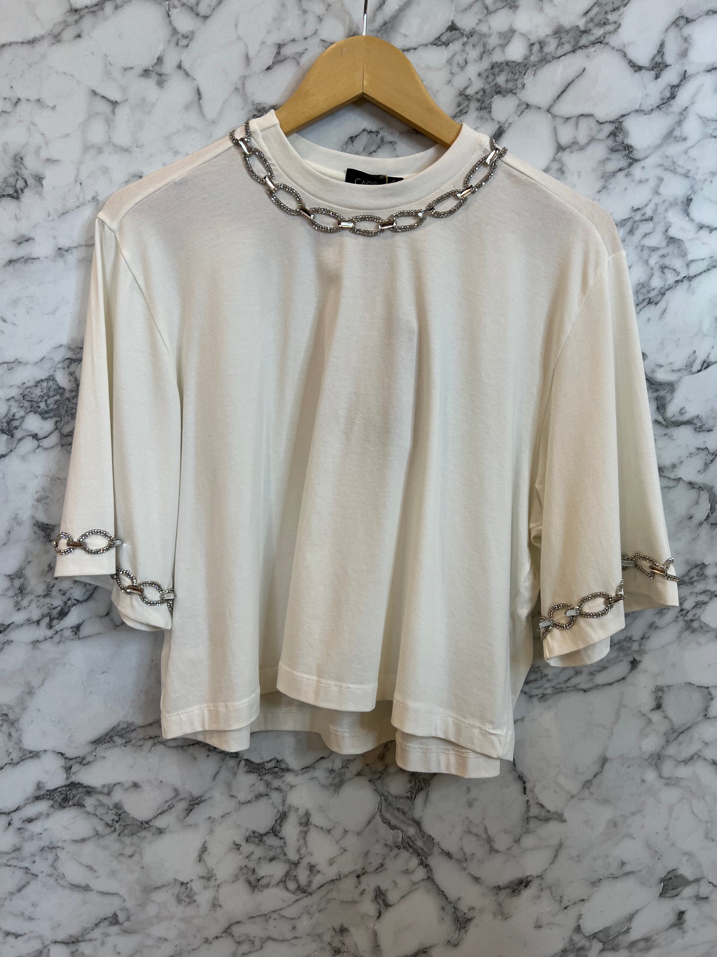 Caos - Rhinestone Embroidered Cropped Top with Collar and Sleeves