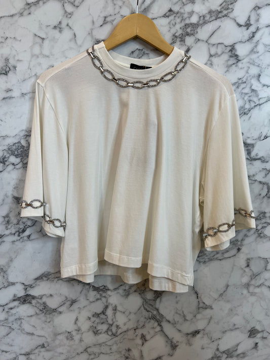 Caos - Rhinestone Embroidered Cropped Top with Collar and Sleeves