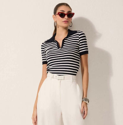 Lore - Striped Knitted Polo Blouse