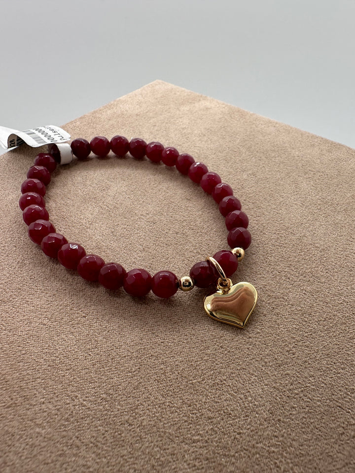 Nuria - Marsala Bead Bracelet w/ Golden Heart