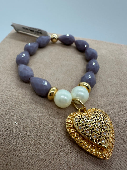 Nuria - Large Orchid Bead Bracelet w/ Gold Heart