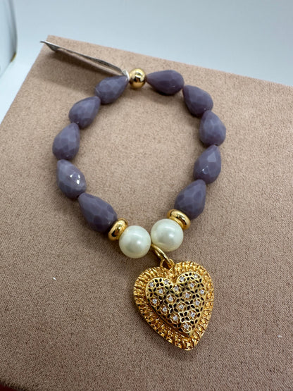 Large Orchid Bead Bracelet w/ Gold Heart