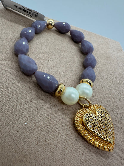 Large Orchid Bead Bracelet w/ Gold Heart