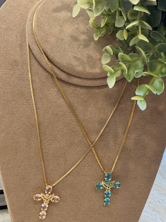 Nuria - Pink Stoned Cross Necklace/Holy Spirit Detail