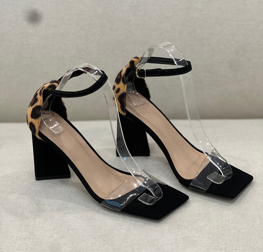 Bfb Shoes - Black/Animal Print Block Heel Sandals