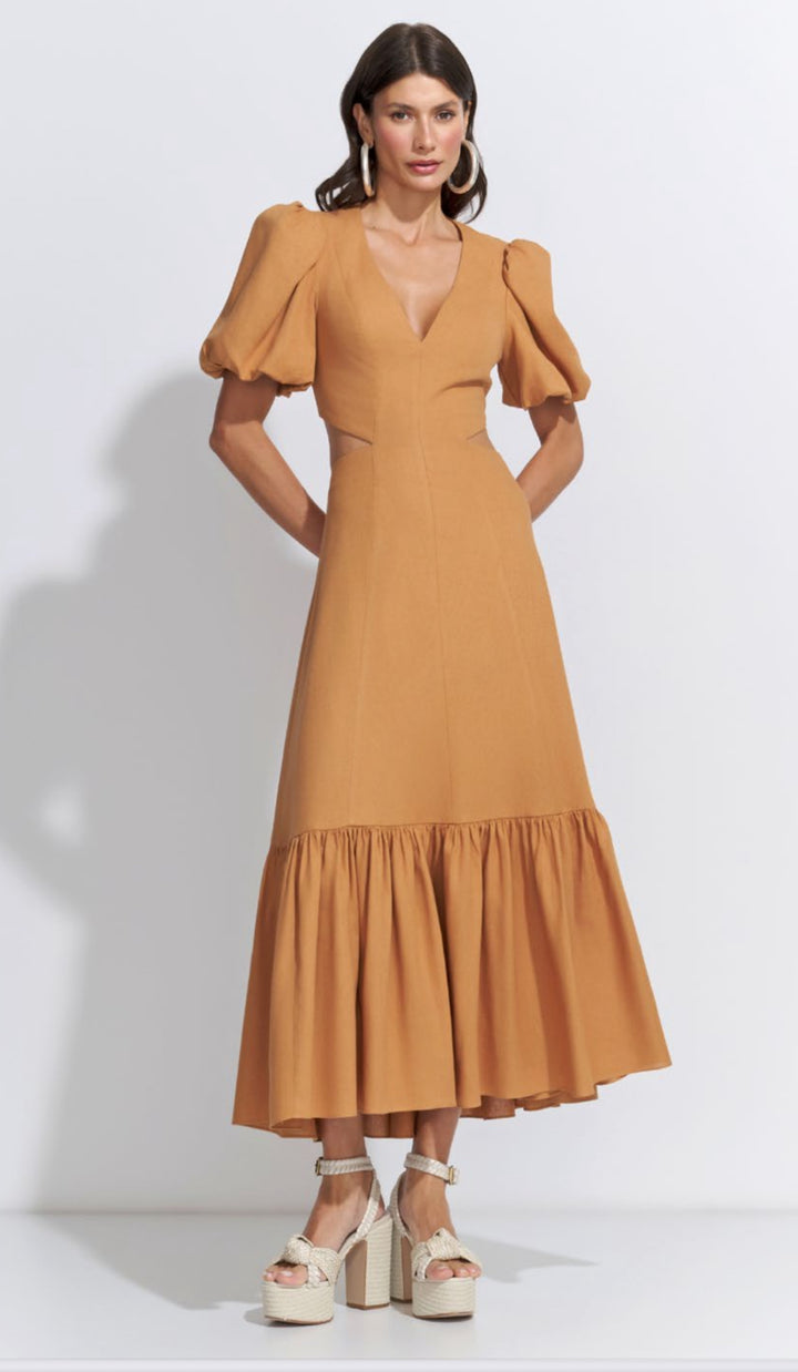 Lore - Vestido Midi Maxi Manga Bufante Linho