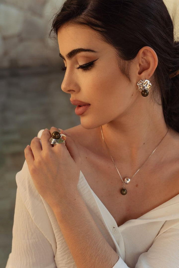 Nuria - Colorful Pearl Ring, Earring &amp; Necklace Tri-Set