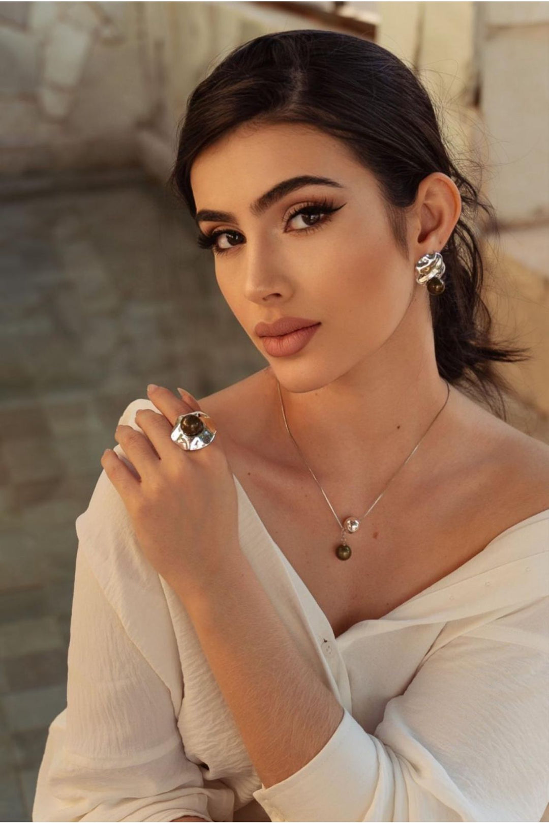 Nuria - Colorful Pearl Ring, Earring &amp; Necklace Tri-Set