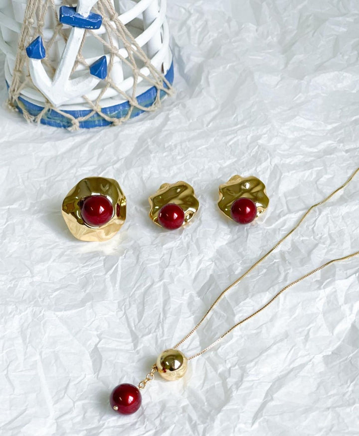 Nuria - Colorful Pearl Ring, Earring &amp; Necklace Tri-Set