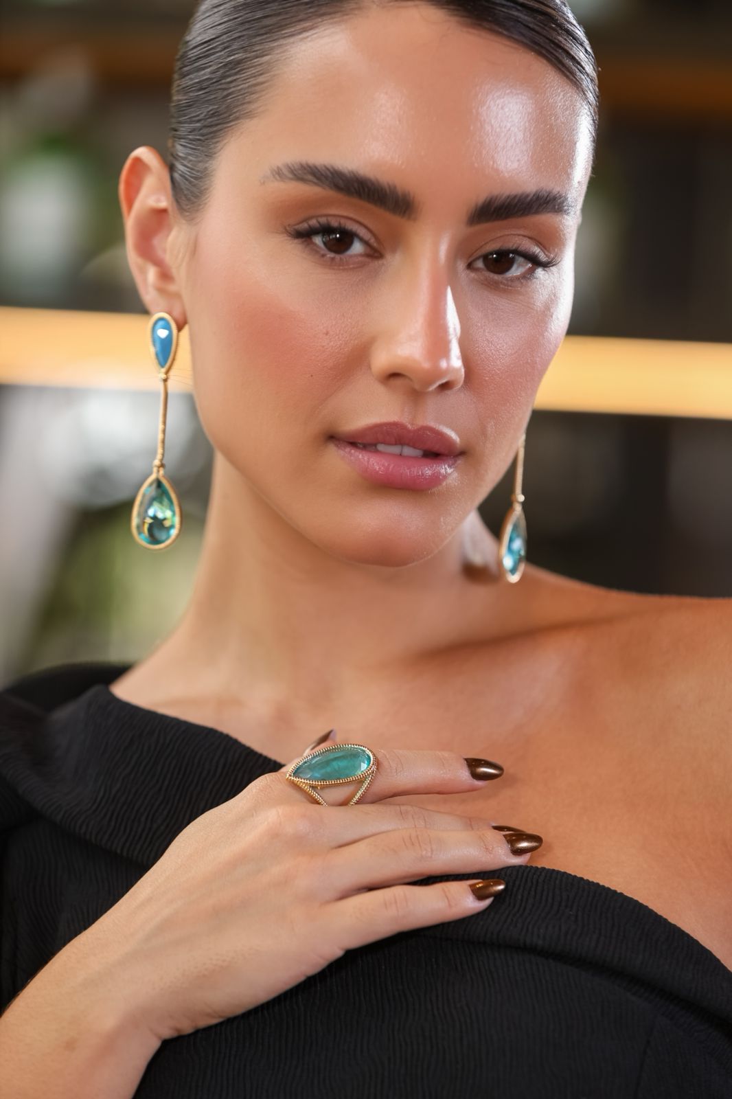 Nuria - Long Earring and  Stone Ring Set