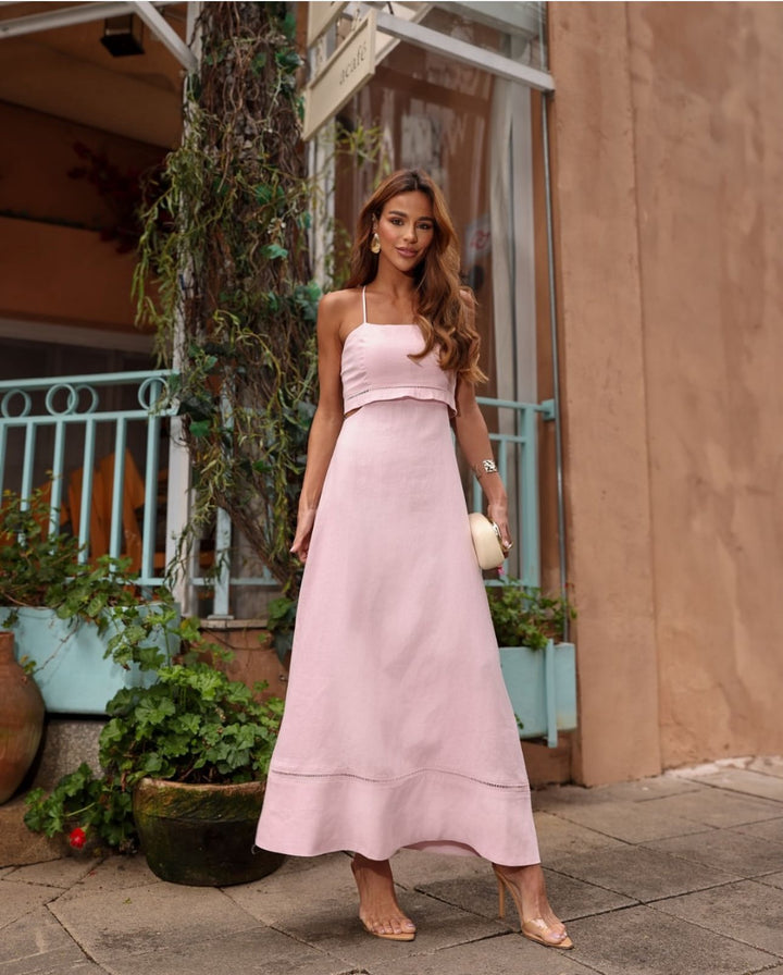 FPM Azul - Vestido Midi de Linho Natural