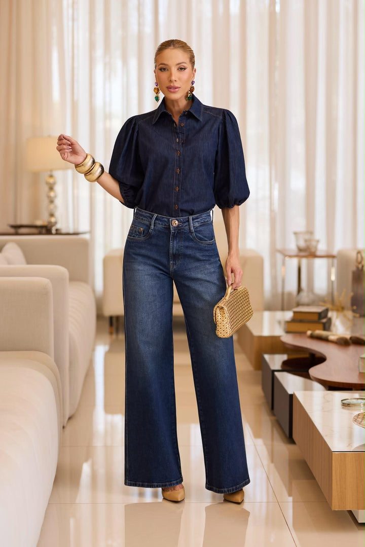 Remanescente -  Jeans Puff-Sleeve Top