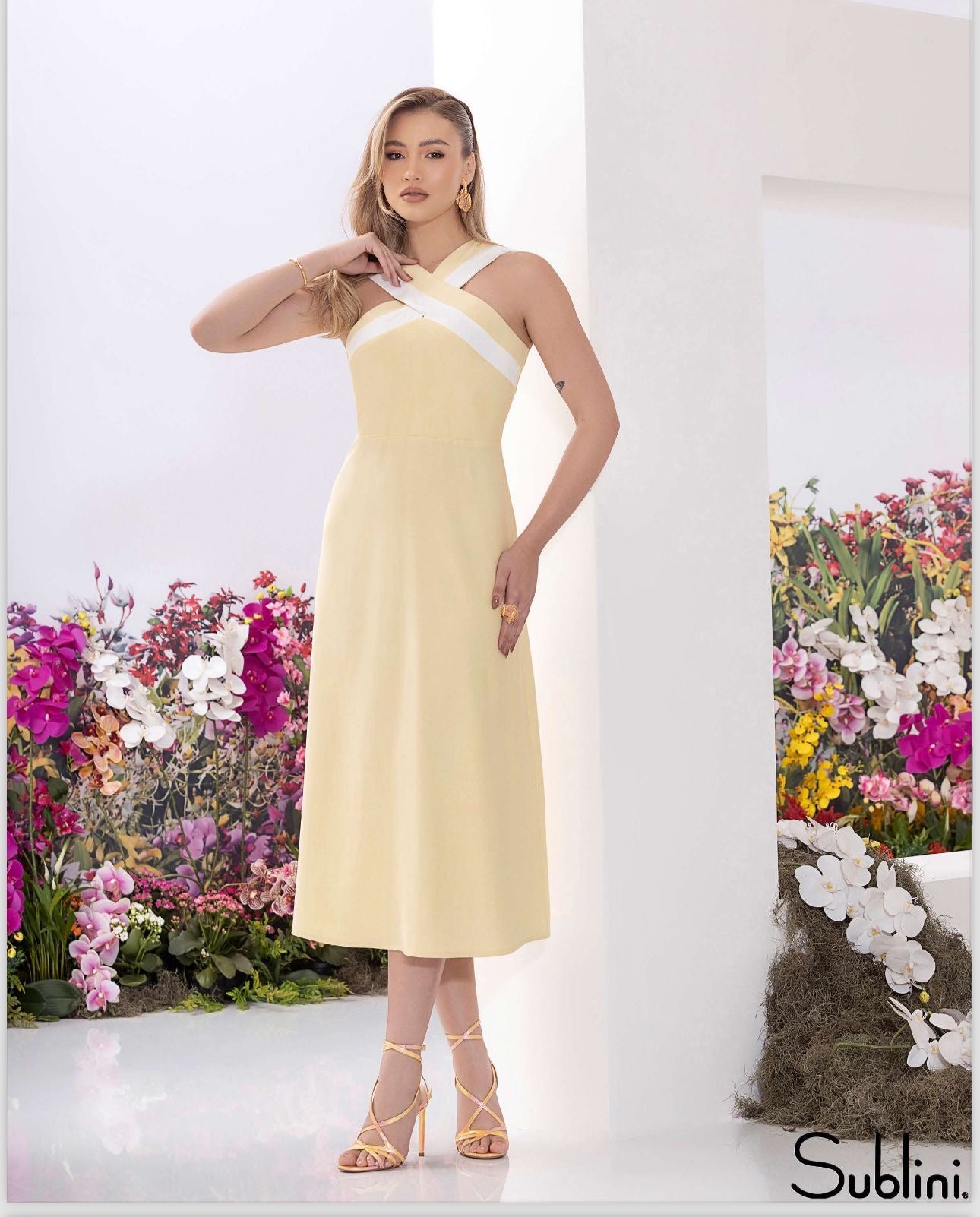 Sublini - Bicolor Midi Dress with "X" Collar